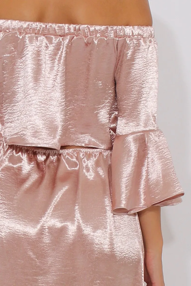 Pink Metallic Bardot Bell Sleeve Open Back Dress - Cairo