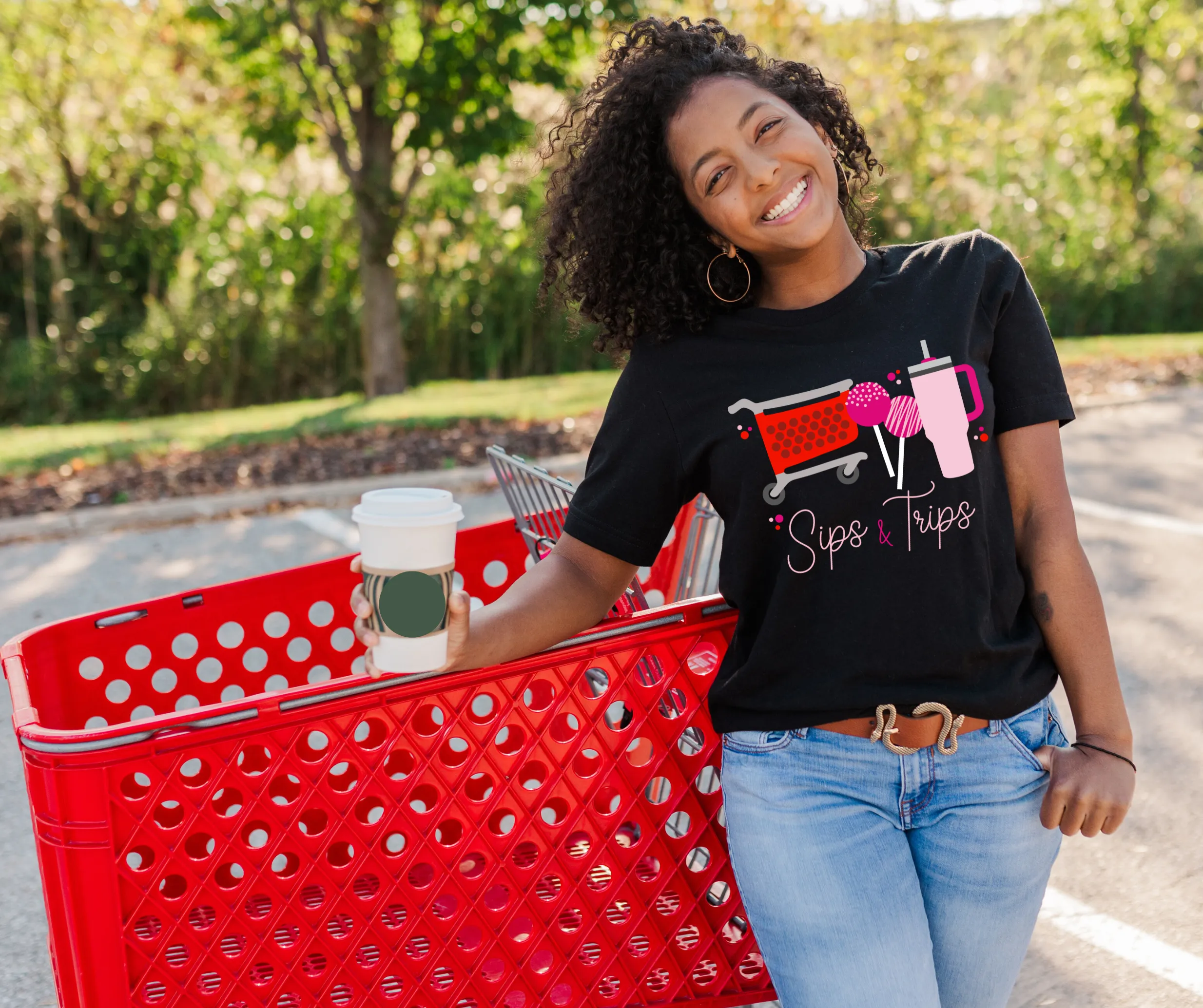 Pink Sips & Trips Black Graphic Tee