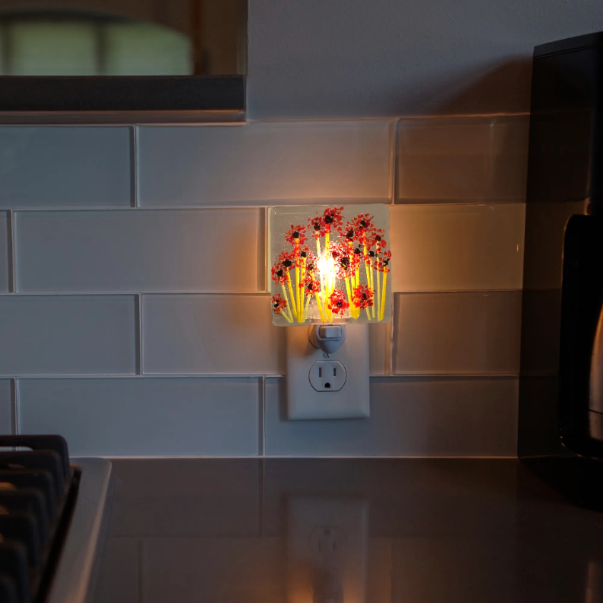 Poppy Wild Flowers Night Light - Glass Glitter Sprinkles - Clear Glass