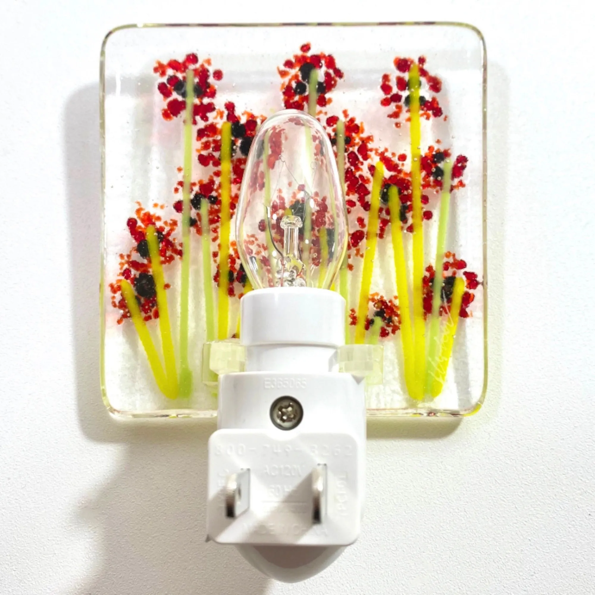 Poppy Wild Flowers Night Light - Glass Glitter Sprinkles - Clear Glass