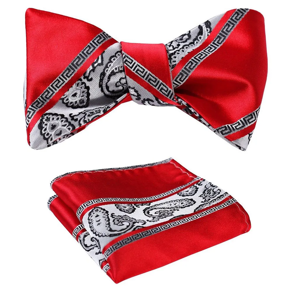Red White Paisley Mens Silk Self tie Bow Tie with Pocket Squares Set