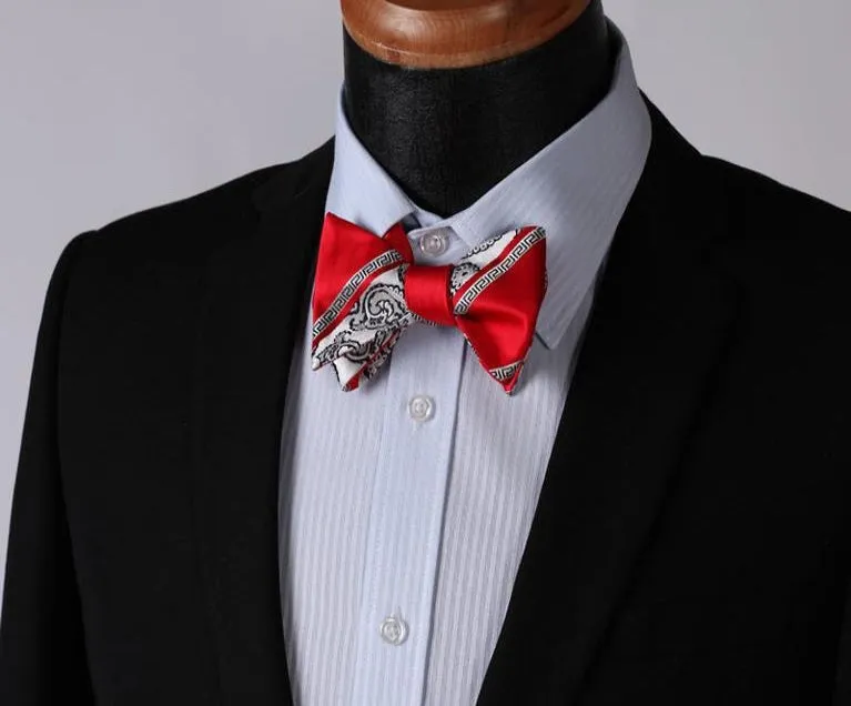 Red White Paisley Mens Silk Self tie Bow Tie with Pocket Squares Set