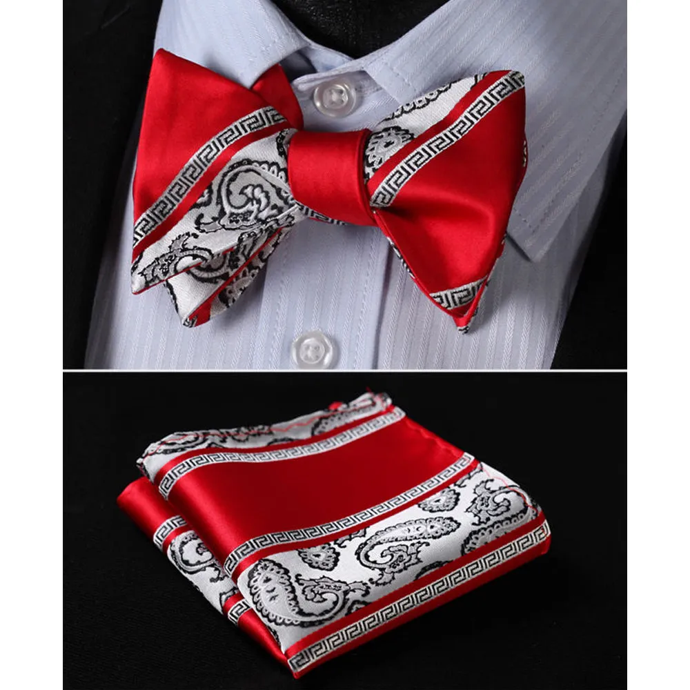 Red White Paisley Mens Silk Self tie Bow Tie with Pocket Squares Set