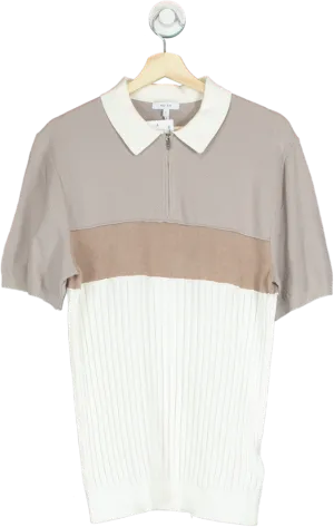 Reiss Beige and White Collared Zip Knit Top UK L