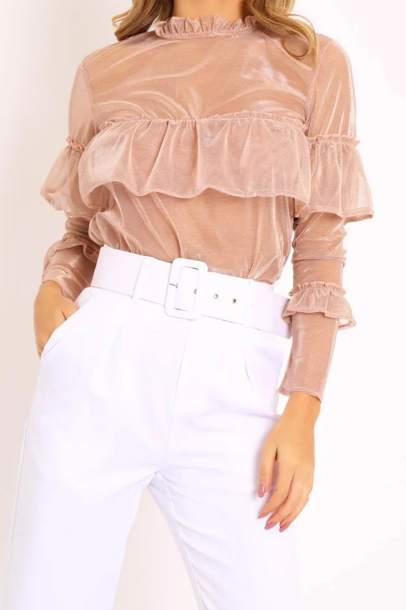 Rose Gold Metallic Thread Ruffle Top - Lilliona