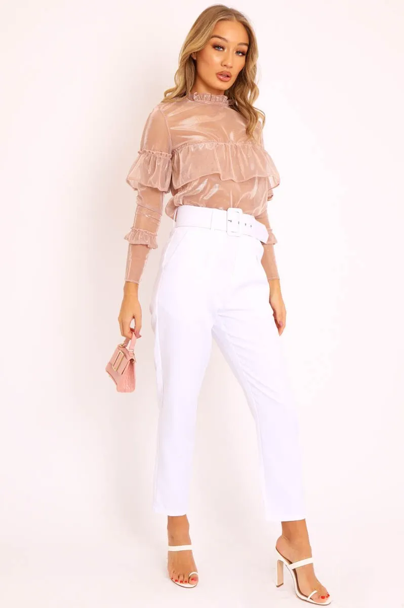 Rose Gold Metallic Thread Ruffle Top - Lilliona
