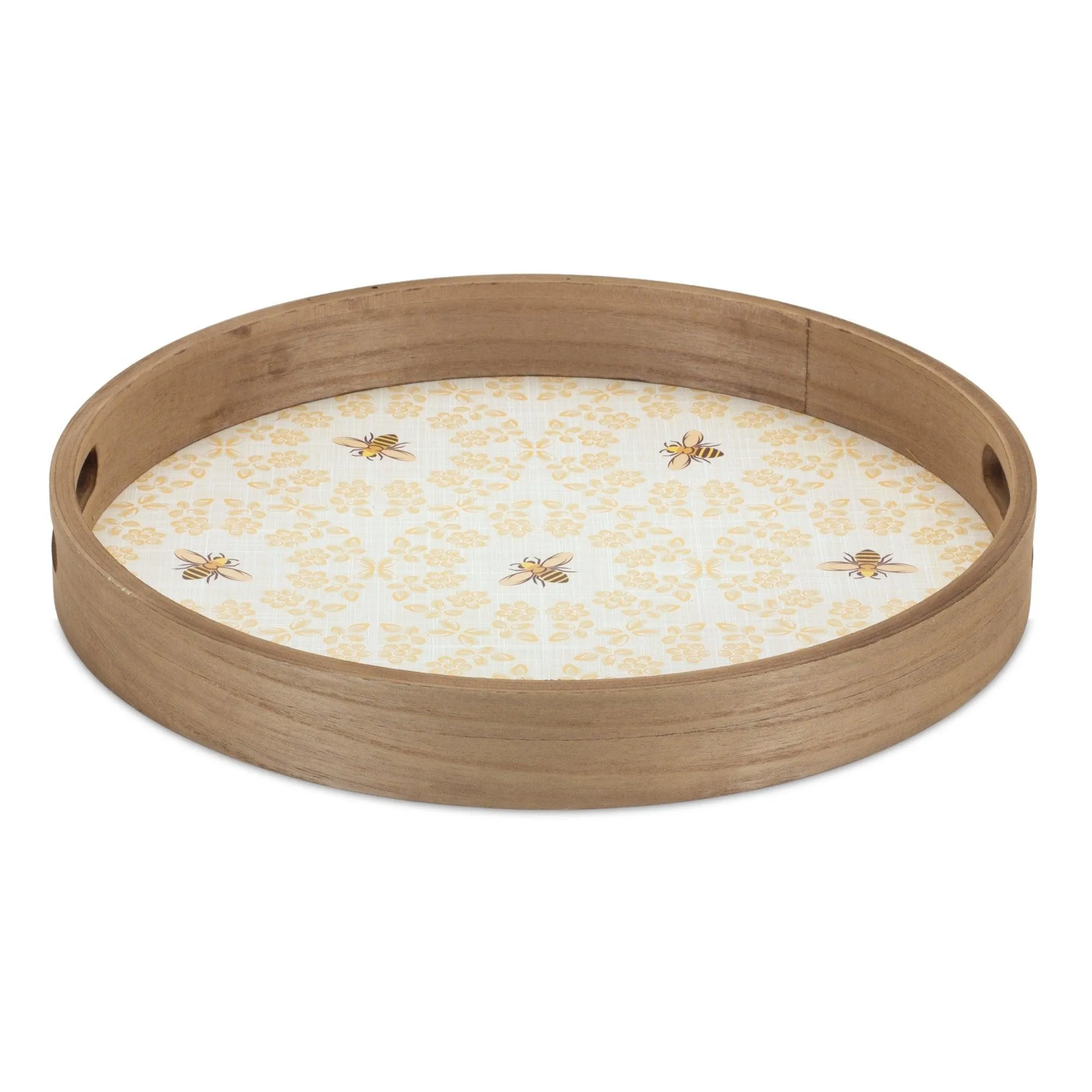 Round Bumble Bee Tray with Natural Wooden Accents (Set of 2)