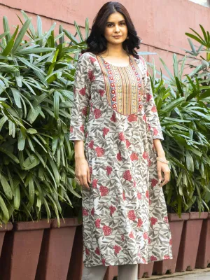 Rust Tropical Print Cotton Kurta with Neck Embroidery