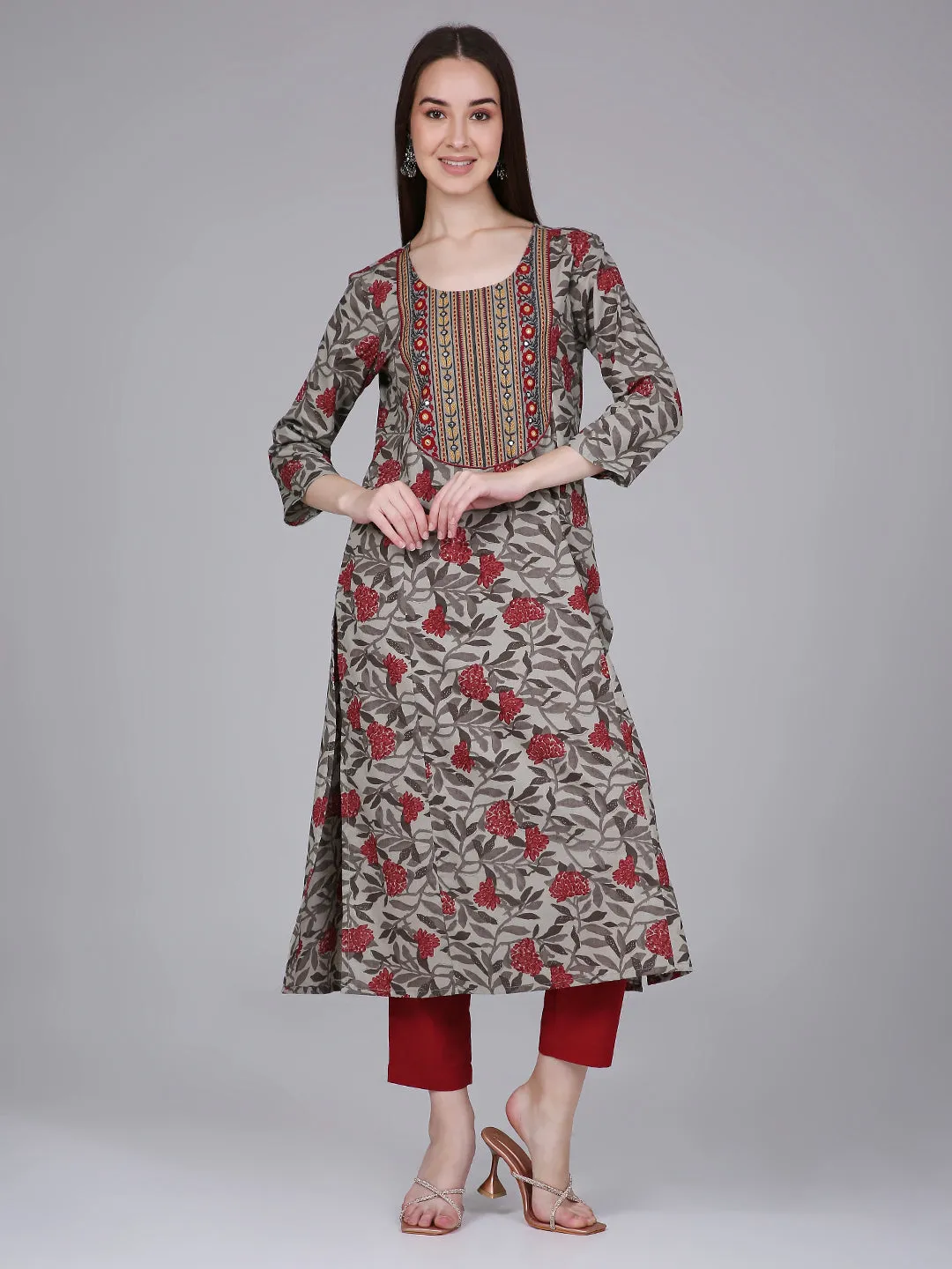 Rust Tropical Print Cotton Kurta with Neck Embroidery