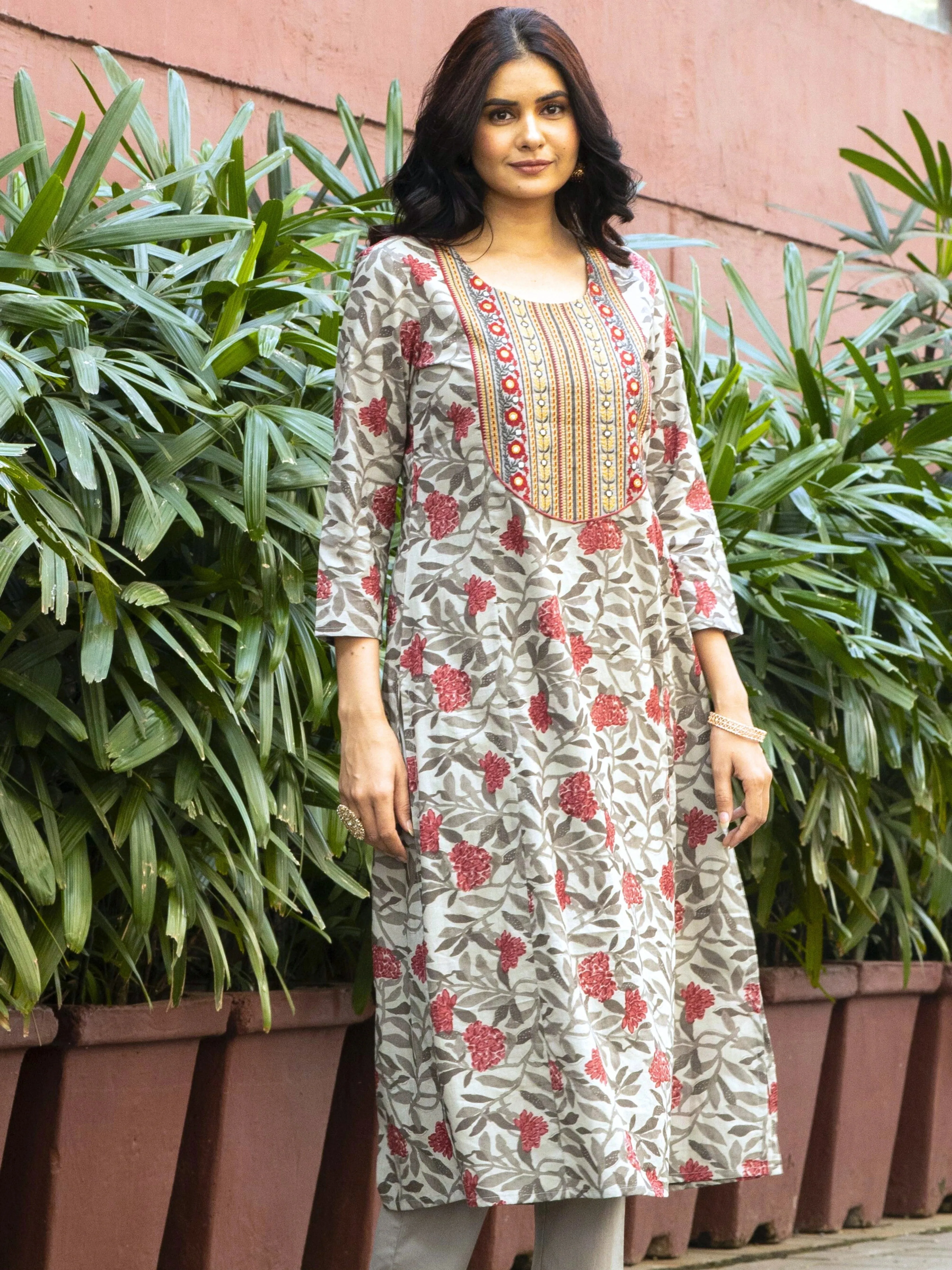 Rust Tropical Print Cotton Kurta with Neck Embroidery