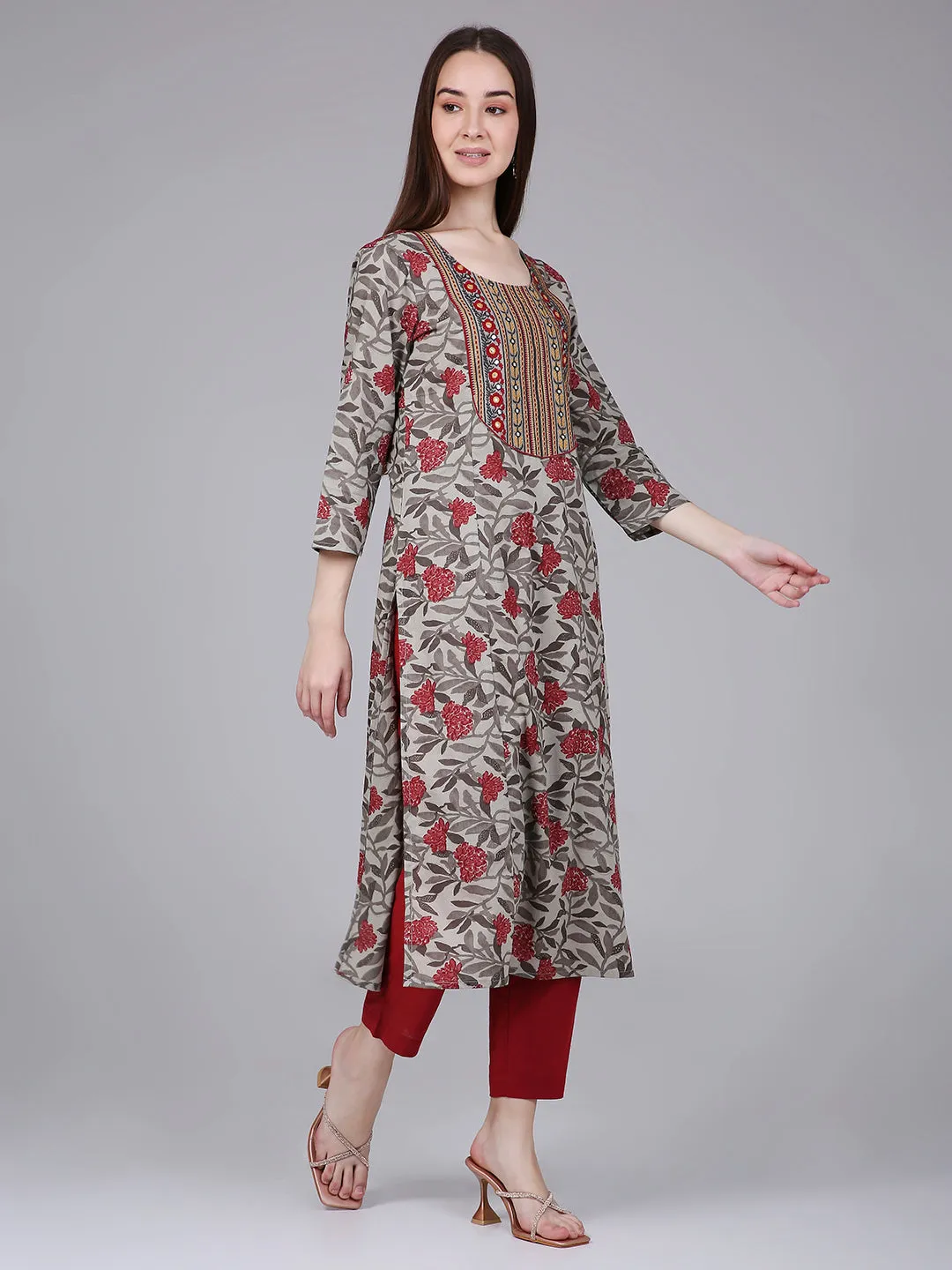 Rust Tropical Print Cotton Kurta with Neck Embroidery
