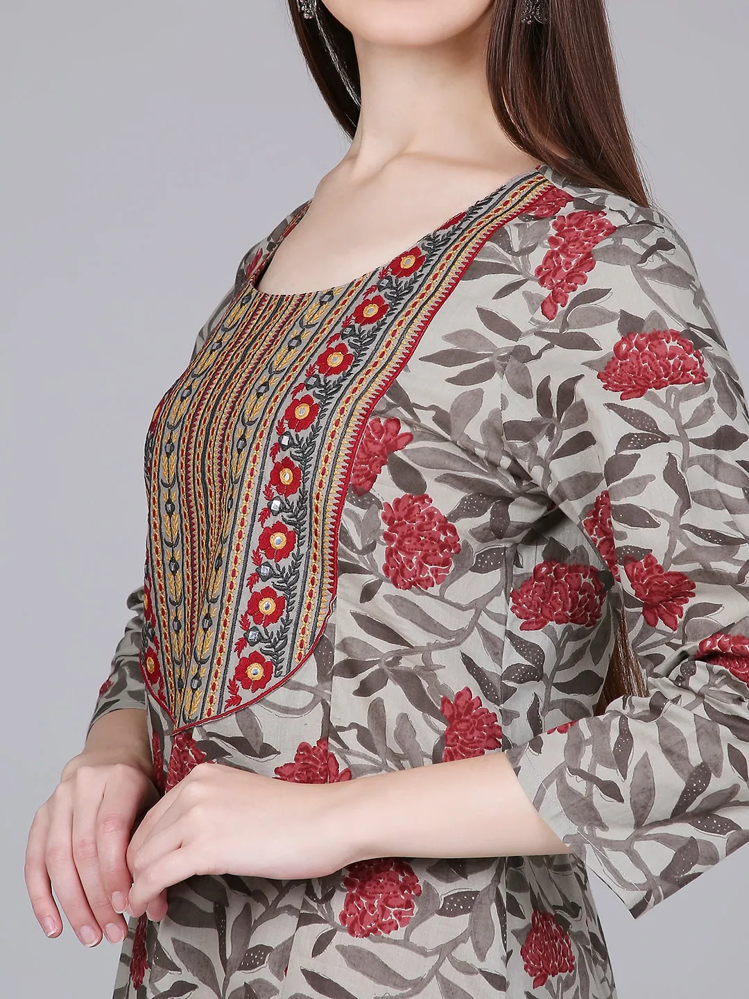 Rust Tropical Print Cotton Kurta with Neck Embroidery