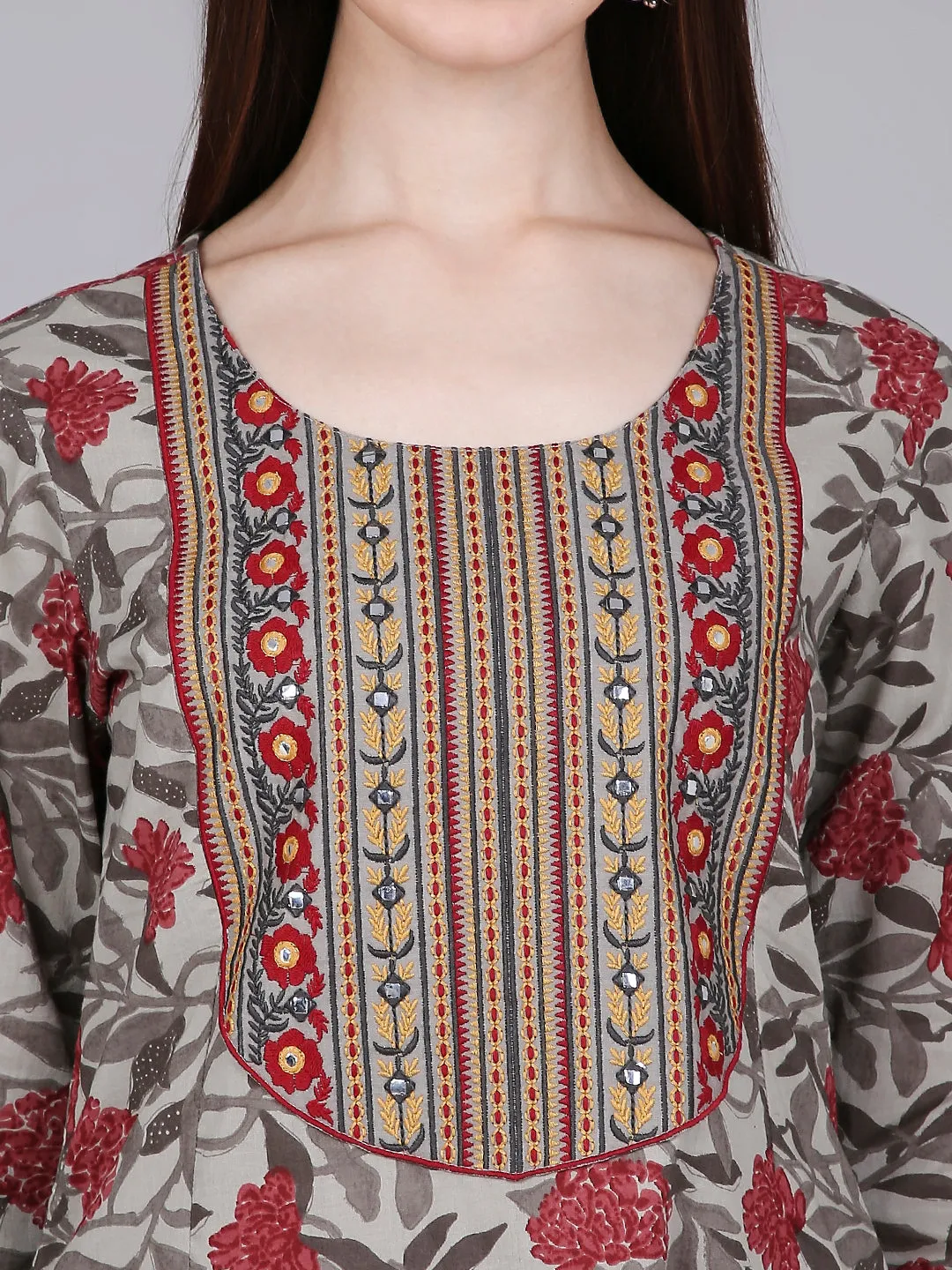 Rust Tropical Print Cotton Kurta with Neck Embroidery