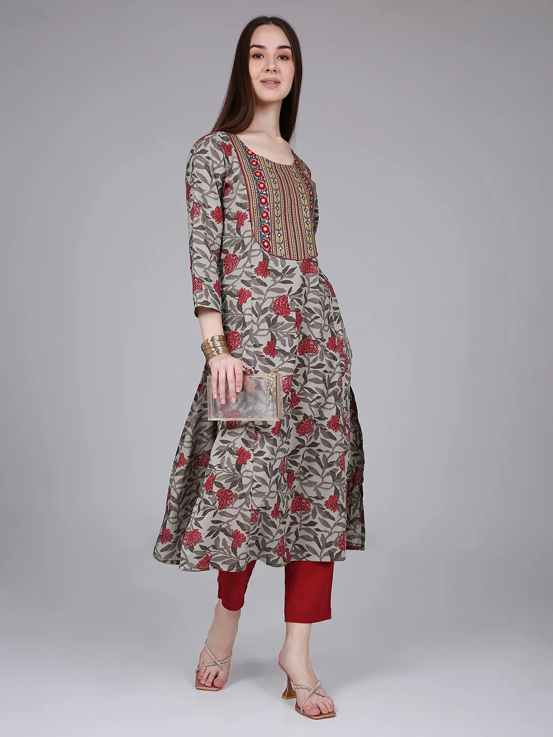 Rust Tropical Print Cotton Kurta with Neck Embroidery