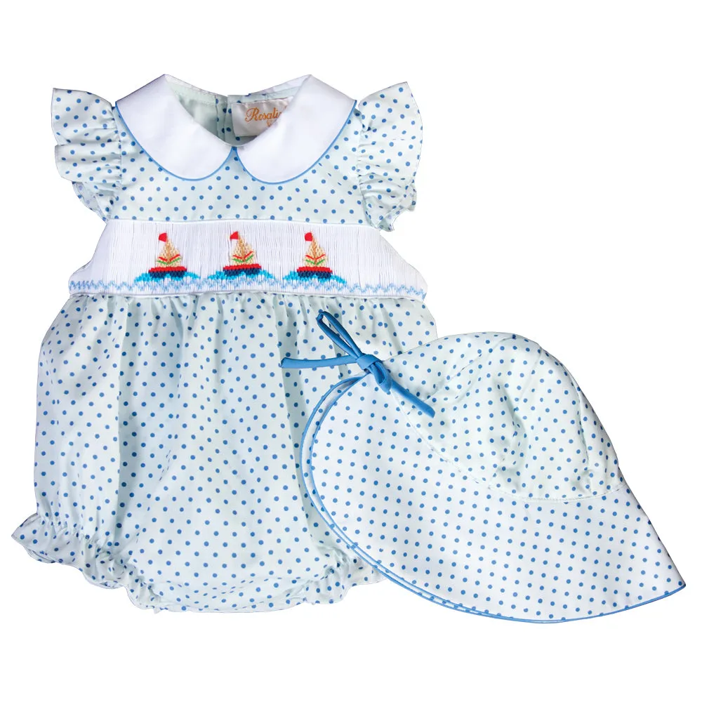 Sailboats Light Blue Dot Girl Smocked Bubble w/Collar and Matching Baby Bonnet
