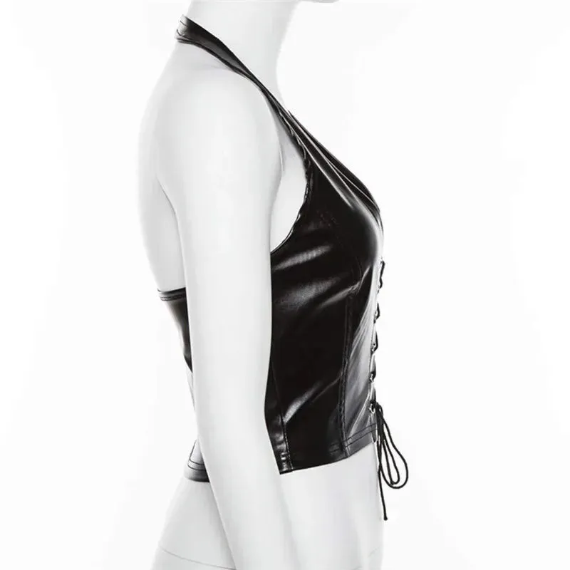 Sexy Punk Y2K Black PU Leather Crop Top Womens Backless Camisole
