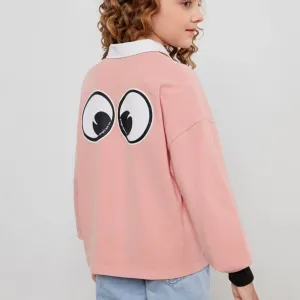 SHEIN x googly eye cru girls cartoon graphic contrast collar tee