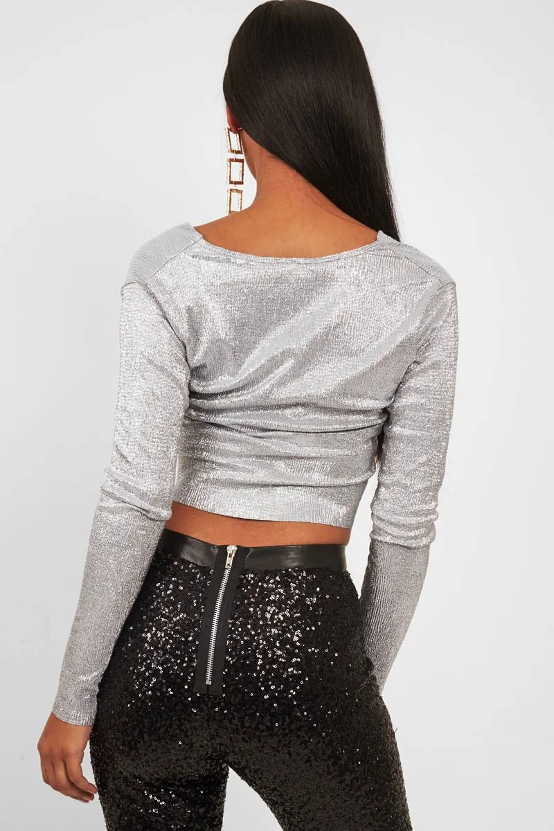 Silver Metallic Long Sleeved Plunge Crop Top - Eevie