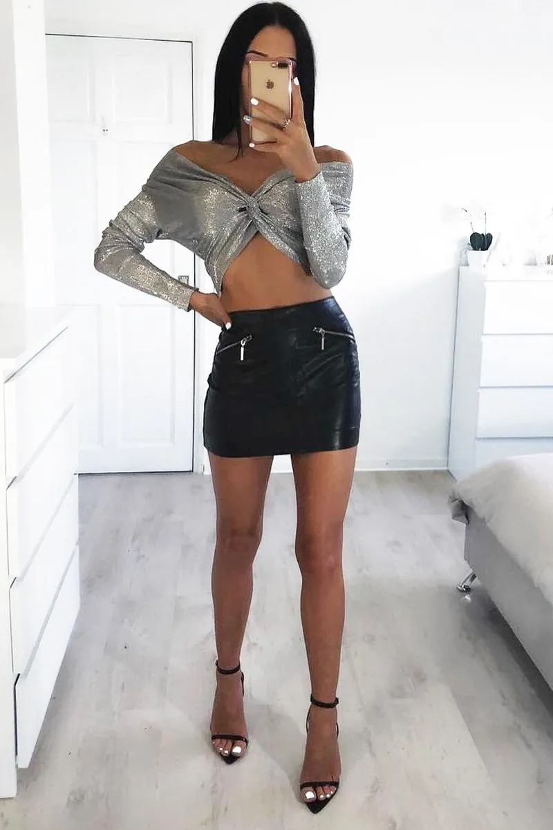 Silver Metallic Long Sleeved Plunge Crop Top - Eevie