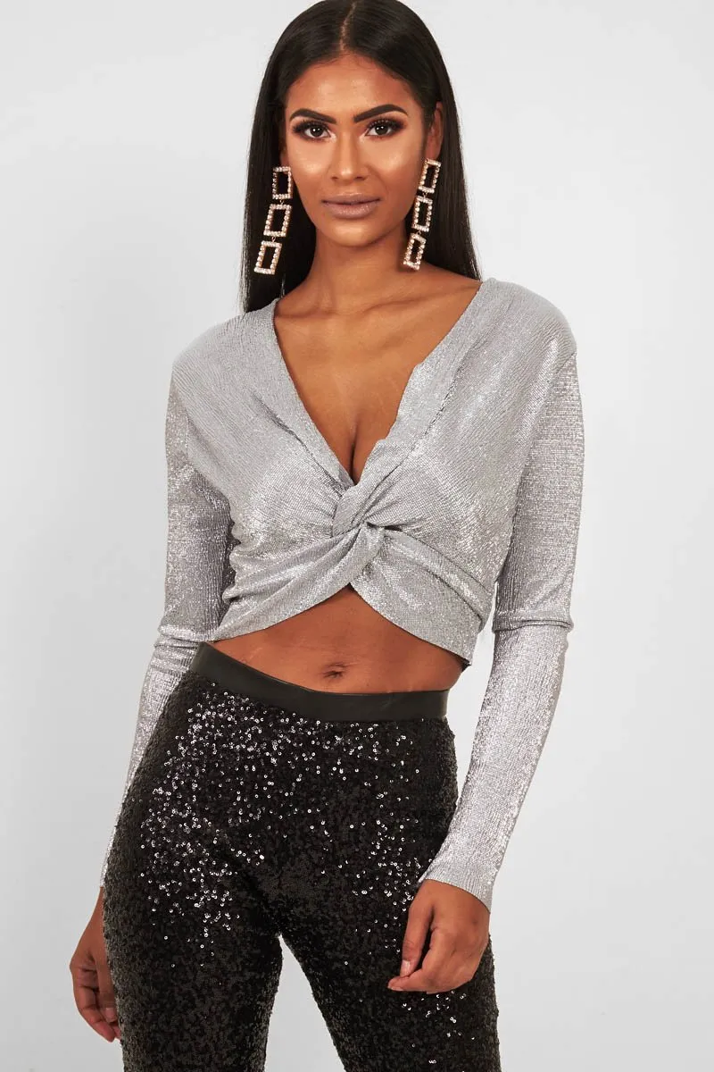 Silver Metallic Long Sleeved Plunge Crop Top - Eevie