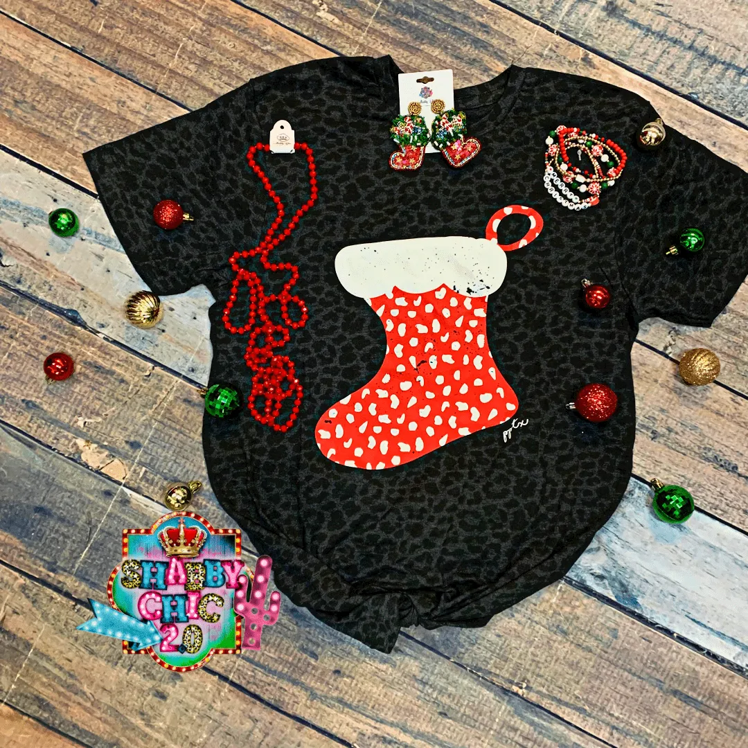 Stocking on Black Leopard Tee