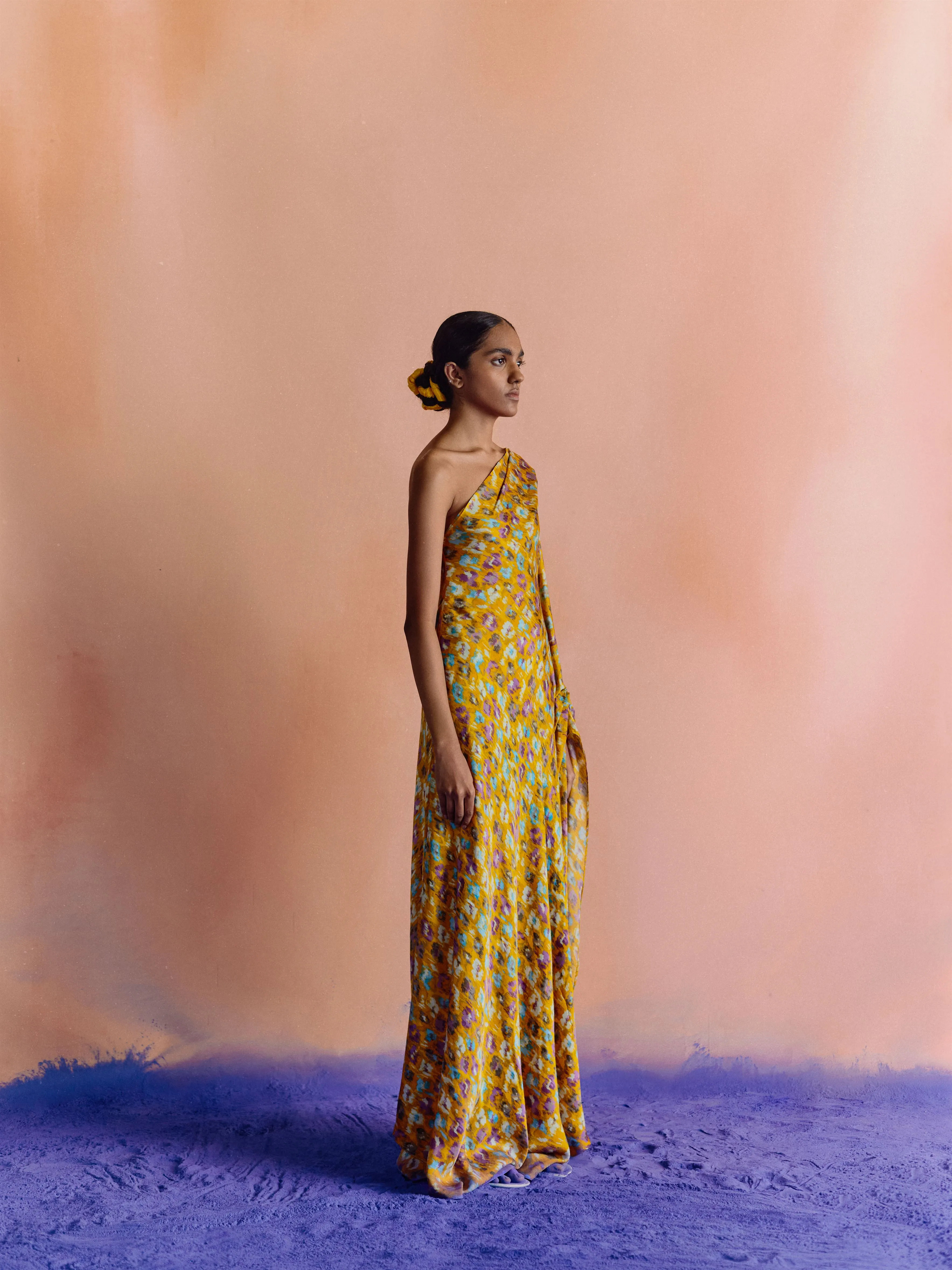 Studio Rigu   I   Womenswear, Western  Morton One Shoulder Dress Yellow Base With Small Flower In Red /Pink/ Blue  Srdd025