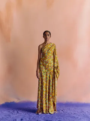 Studio Rigu   I   Womenswear, Western  Morton One Shoulder Dress Yellow Base With Small Flower In Red /Pink/ Blue  Srdd025