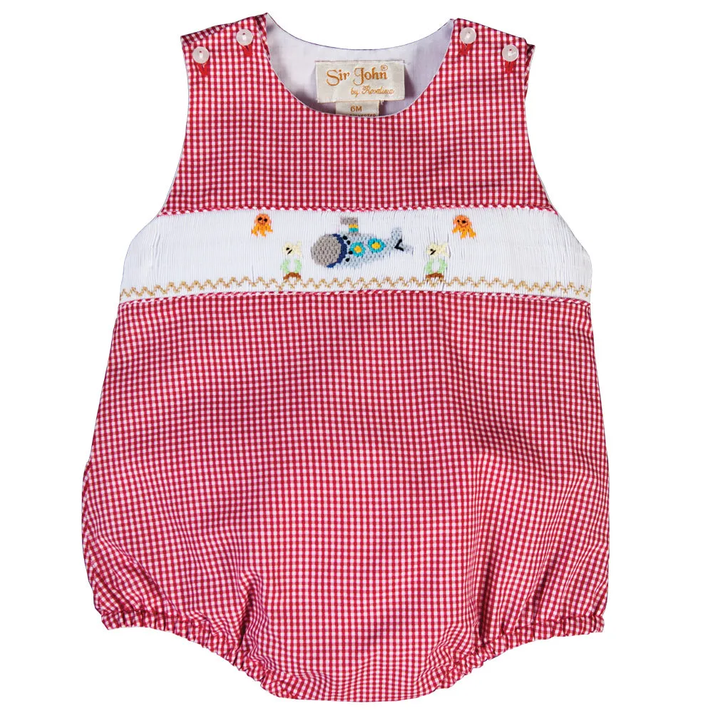 Submarine Red Gingham Smocked Boy Bubble