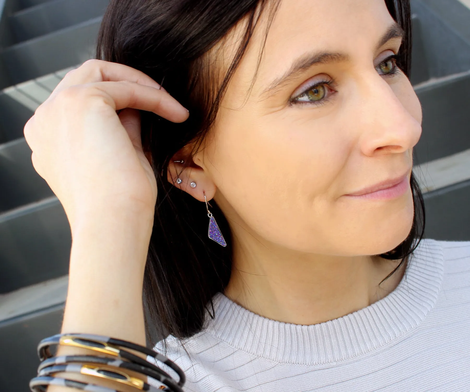 Triangle Purple Rainbow Druzy Earrings