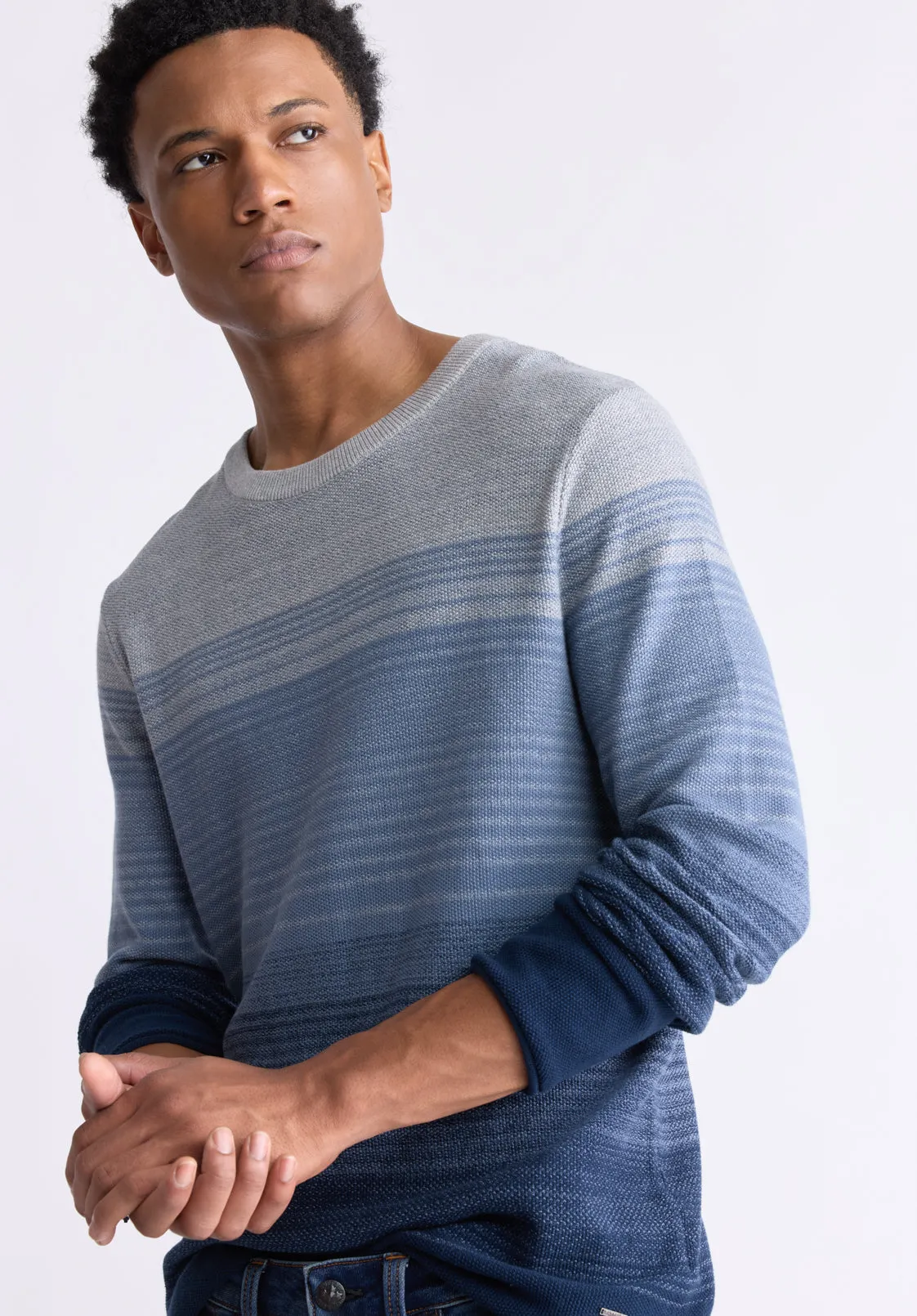 Waldy Men's Gradient Striped Knit Pullover, Mirage Blue - BM24419