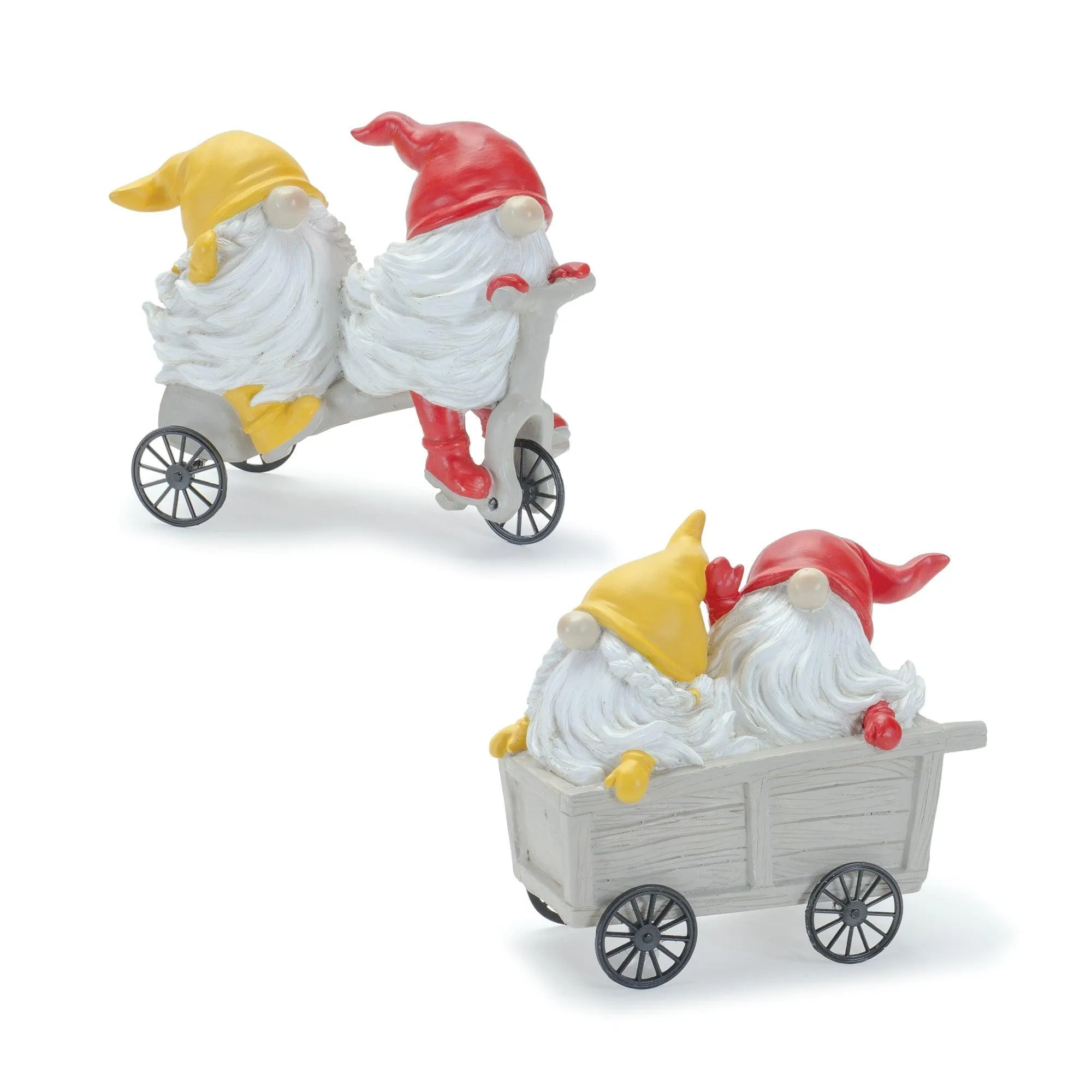 Whimsical Garden Gnome Figurine Riding a Scooter and Wheelbarrow (Set of 2)