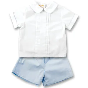 White & Blue 2 pc. Pleated Short Set