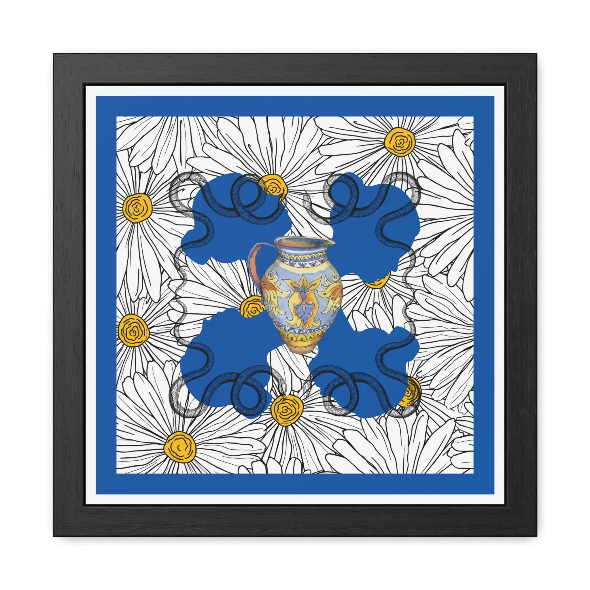 White Daisy Ladies in Blue Framed Poster Wall Art