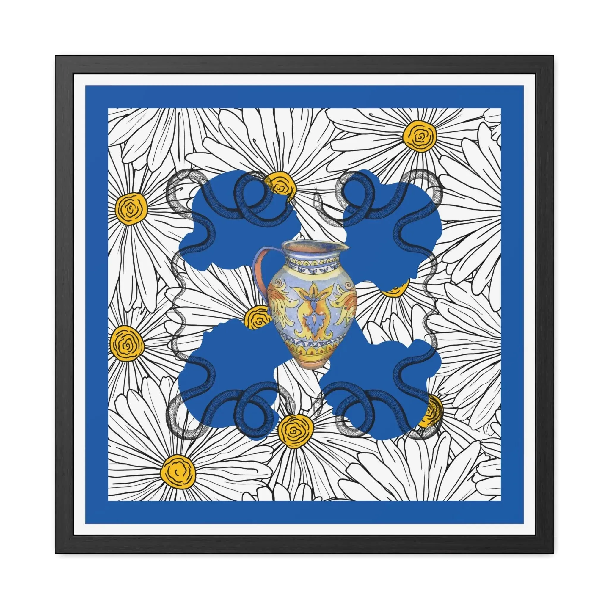 White Daisy Ladies in Blue Framed Poster Wall Art