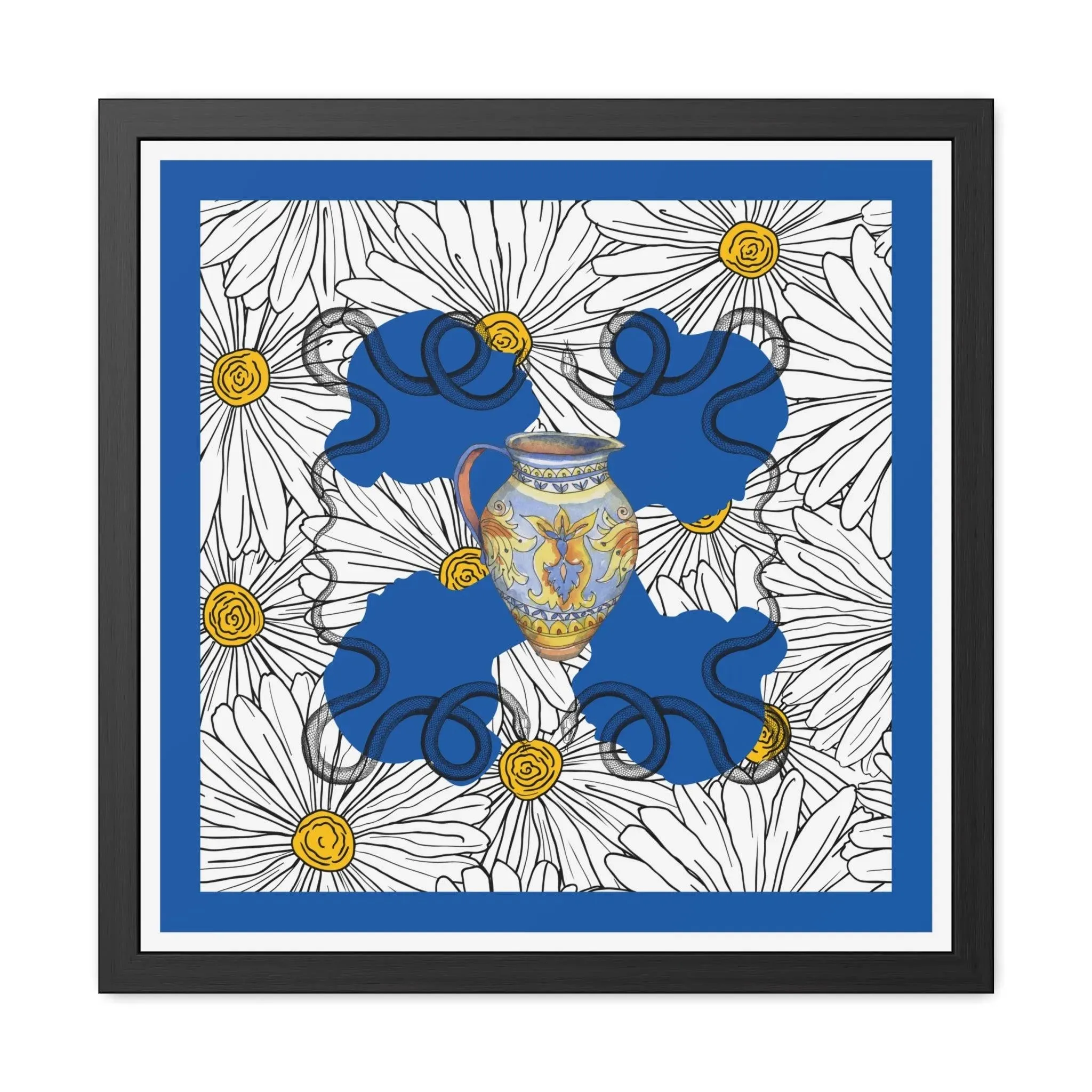 White Daisy Ladies in Blue Framed Poster Wall Art