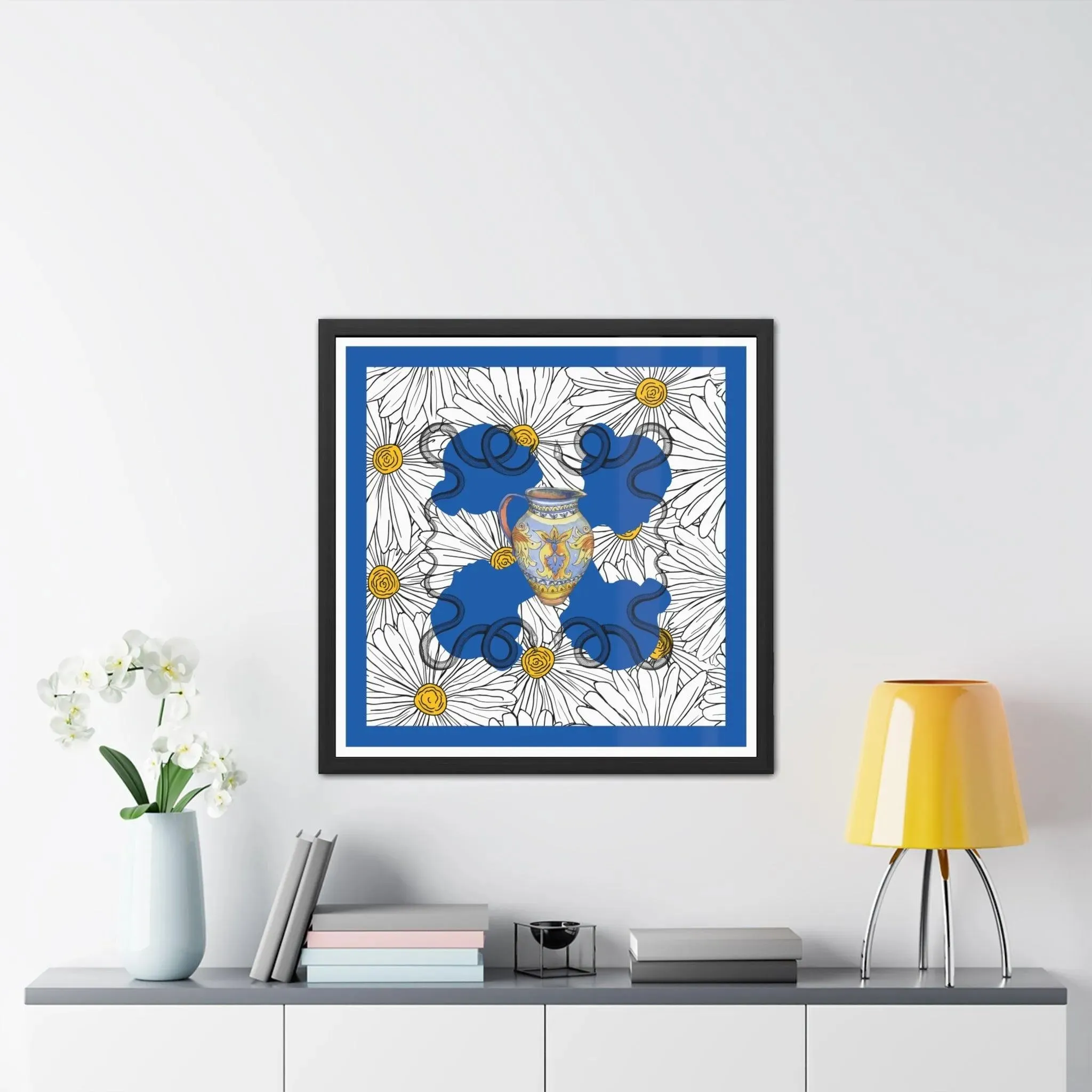 White Daisy Ladies in Blue Framed Poster Wall Art
