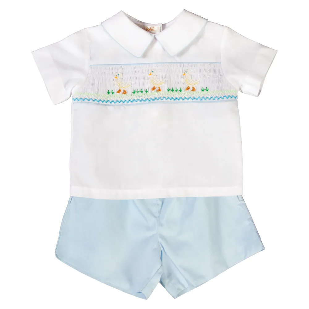 White Ducks White/Light Blue Smocked Short Set