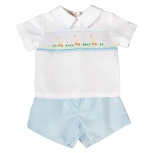 White Ducks White/Light Blue Smocked Short Set