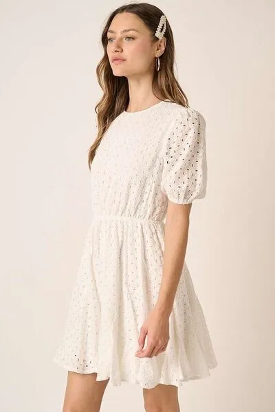 White Eyelet Round Neck Puff Sleeve Mini Dress
