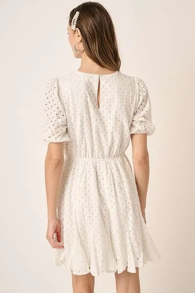 White Eyelet Round Neck Puff Sleeve Mini Dress