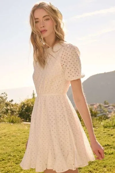 White Eyelet Round Neck Puff Sleeve Mini Dress