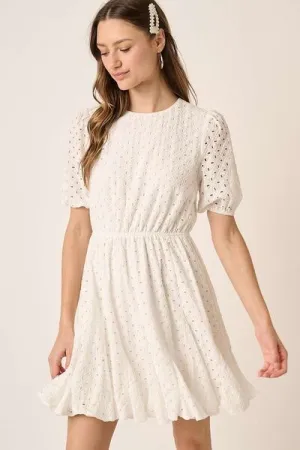 White Eyelet Round Neck Puff Sleeve Mini Dress