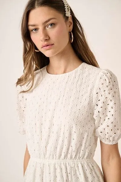 White Eyelet Round Neck Puff Sleeve Mini Dress