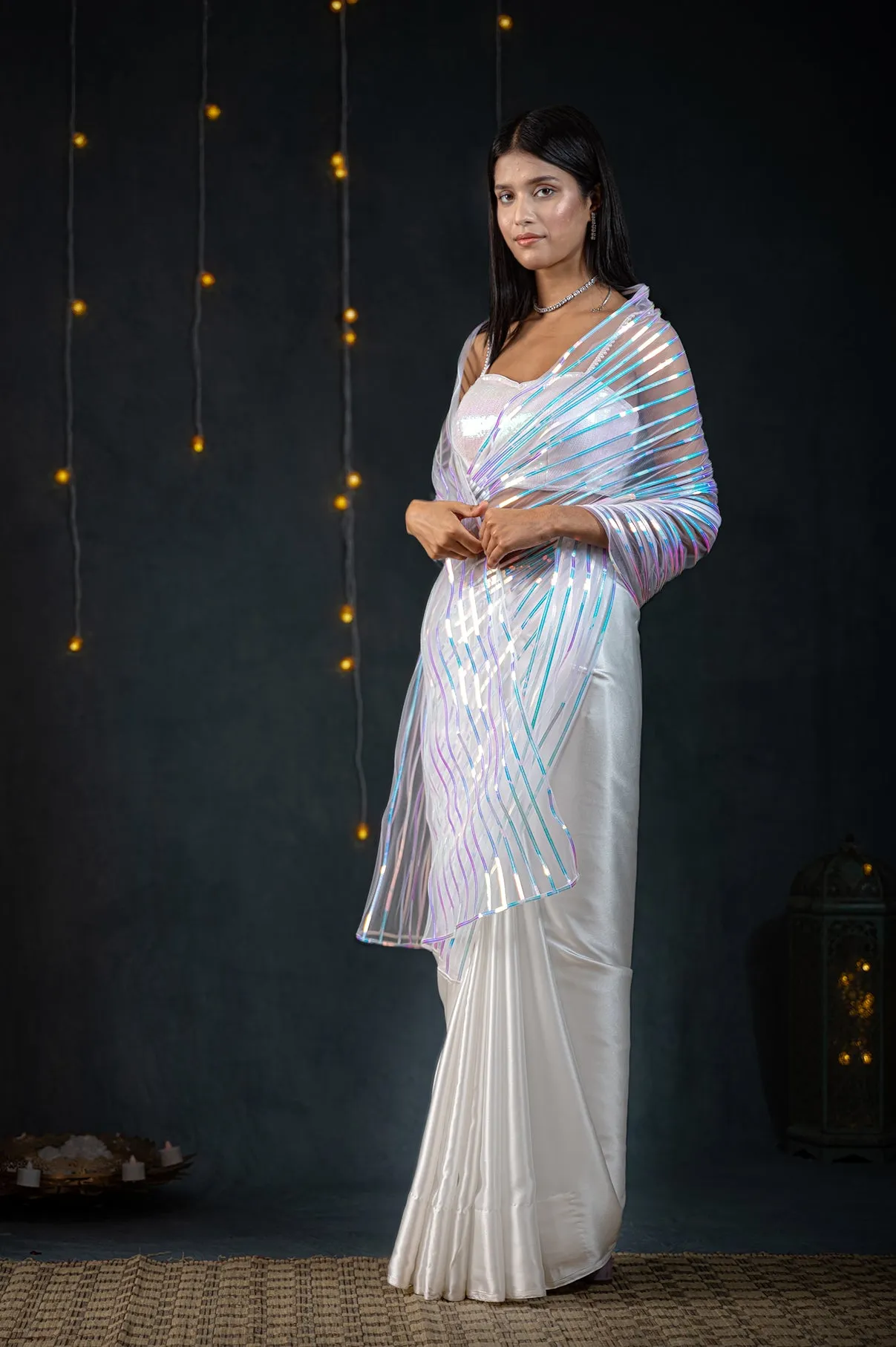 White Impression Net Saree