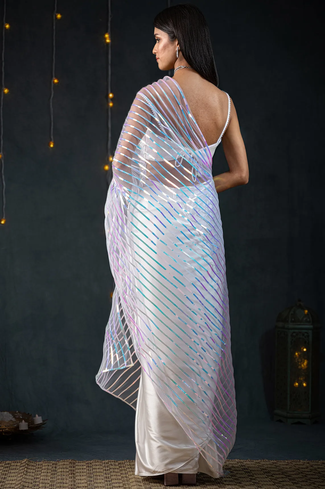 White Impression Net Saree
