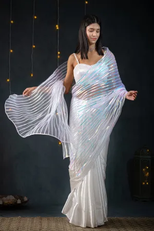 White Impression Net Saree