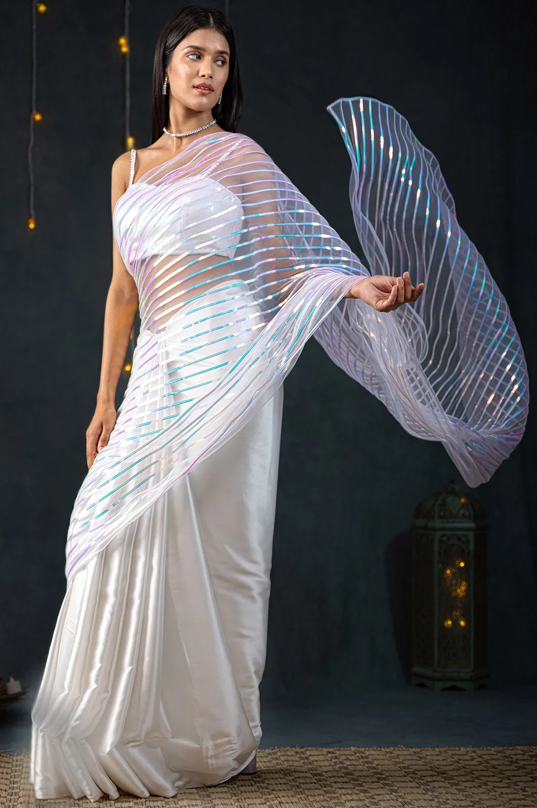 White Impression Net Saree
