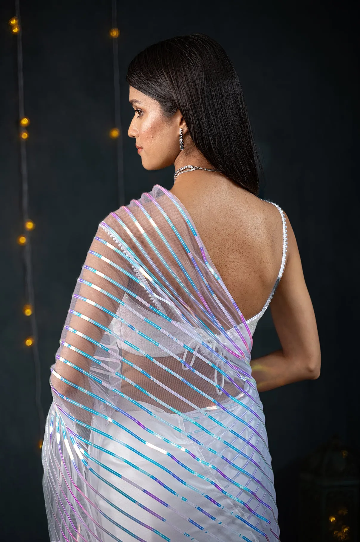 White Impression Net Saree
