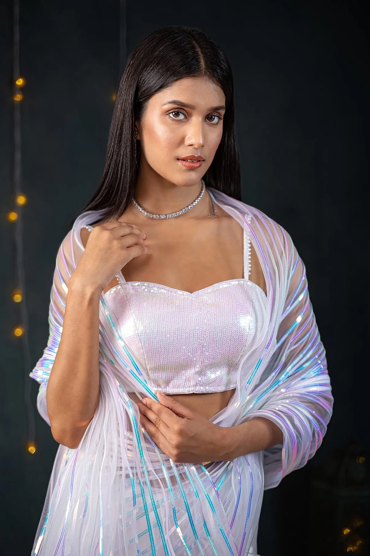 White Impression Net Saree