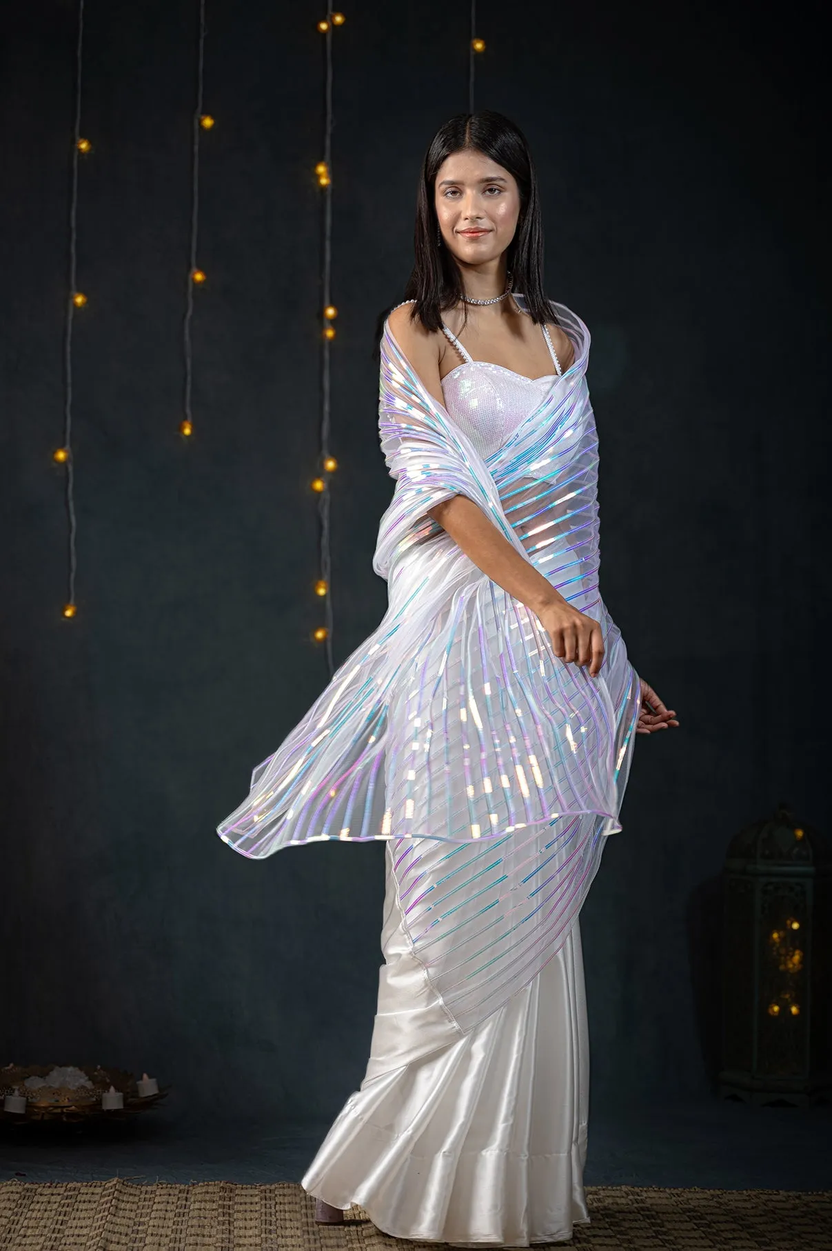 White Impression Net Saree